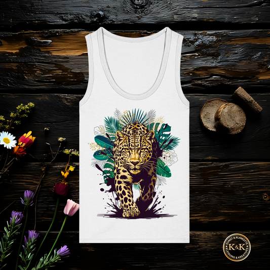 Tropical Leopard Womens Organic Fitted Tank Top | Streetwear Jungle Animal Print | Urban Boho T-Shirt