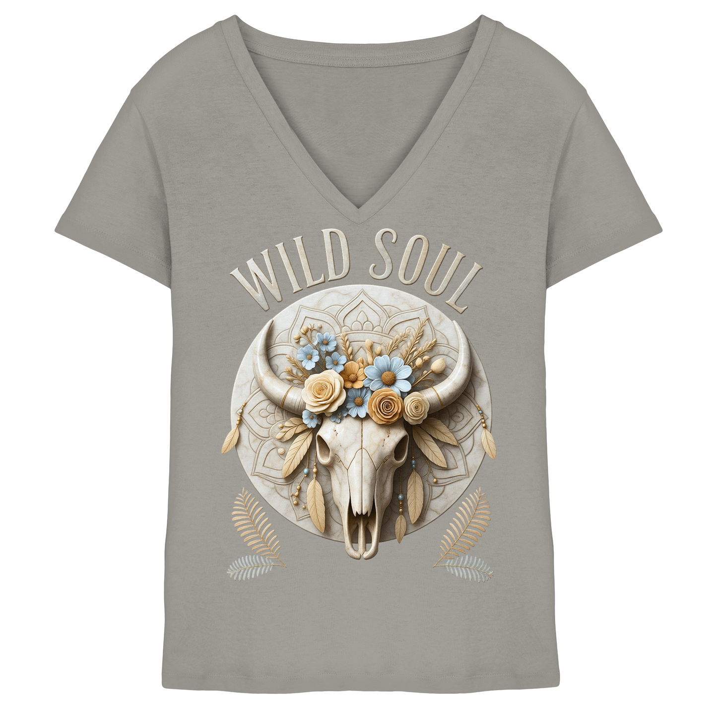Wild Soul Damen V-Neck Shirt mit Bull Skull im Boho-Western-Stil