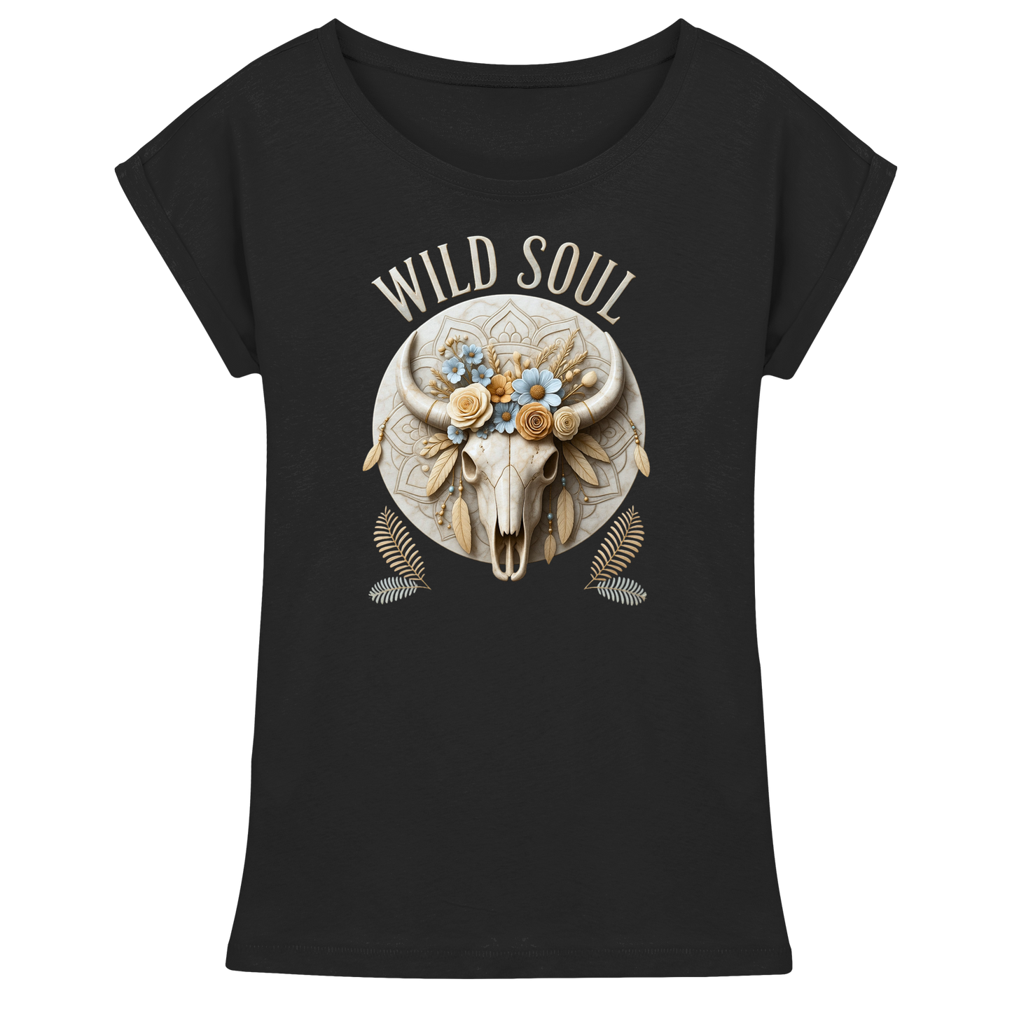Wild Soul Boho Shoulder T-Shirt mit floralem Bull Skull