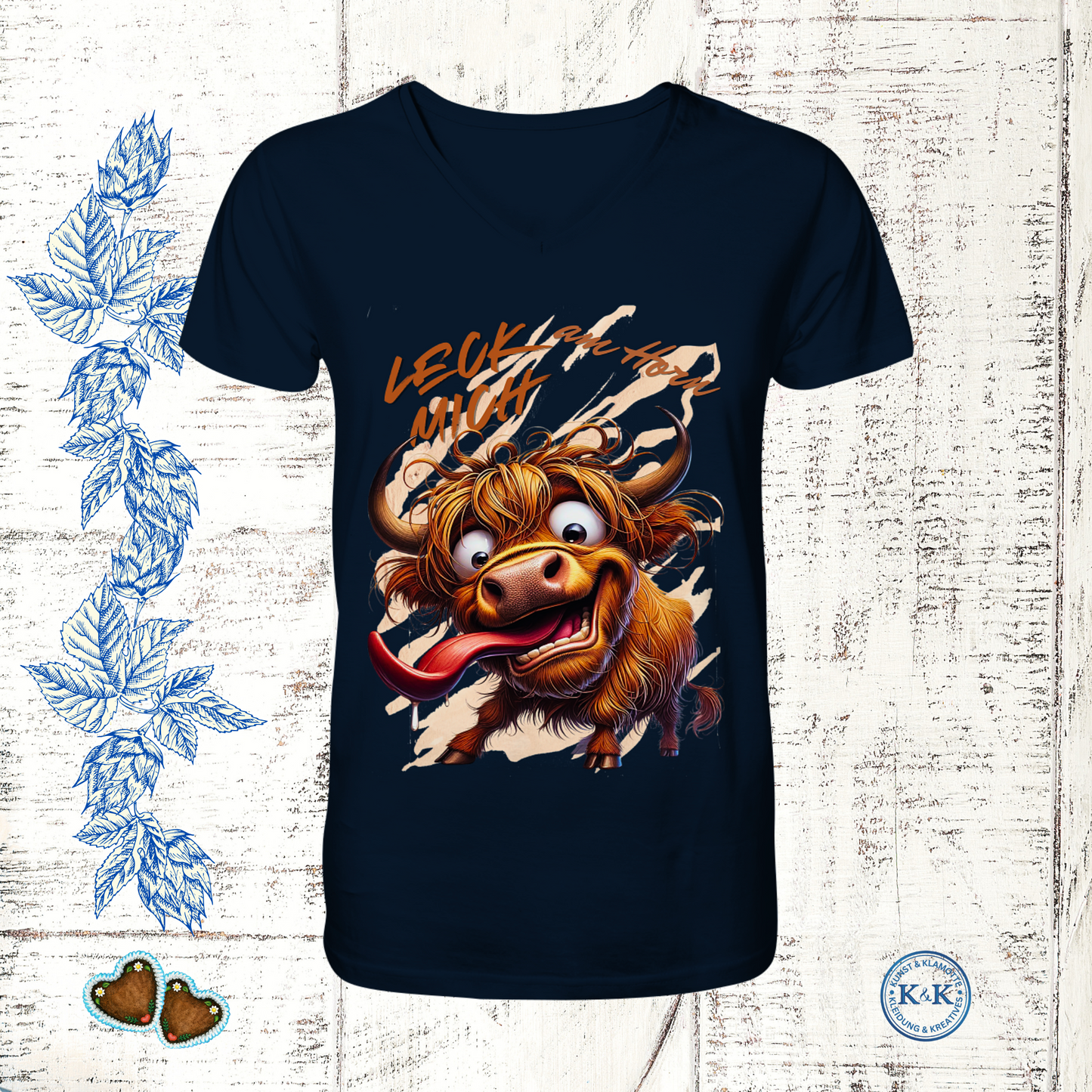Freches Highland-Rind Herren V-Neck-Shirt mit Spruch „Leck mich am Horn“ – witziges Statement-Shirt für Erwachsene