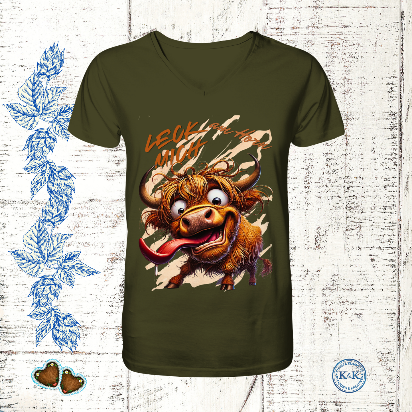 Freches Highland-Rind Herren V-Neck-Shirt mit Spruch „Leck mich am Horn“ – witziges Statement-Shirt für Erwachsene