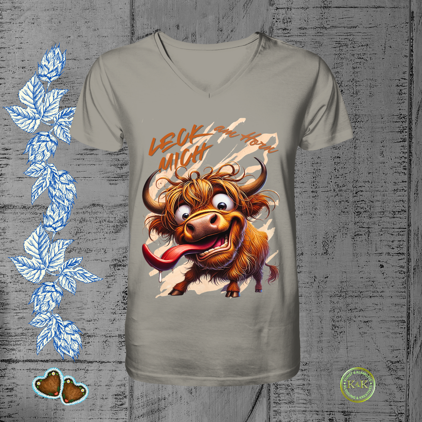 Freches Highland-Rind Herren V-Neck-Shirt mit Spruch „Leck mich am Horn“ – witziges Statement-Shirt für Erwachsene