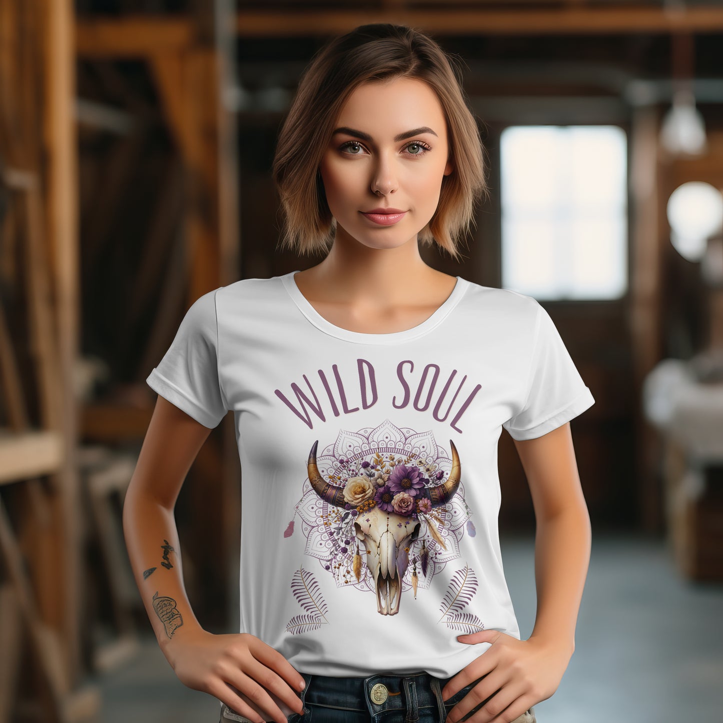 Boho Womens Roll-Up T-Shirt mit Wildsoul Spirit – Tribal & Festival Look, modernes Outfit für Freigeister