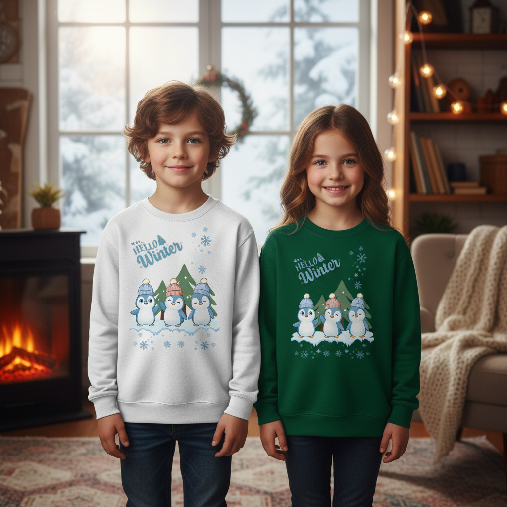Hello Winter – Kids Basic Sweatshirt mit Pinguintrio