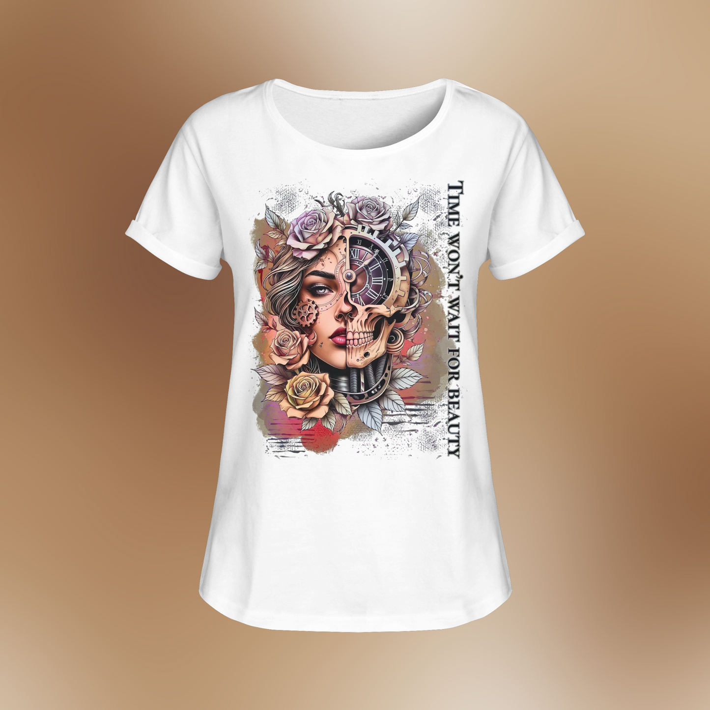 Womens Roll-Up T-Shirt mit kunstvollem Print