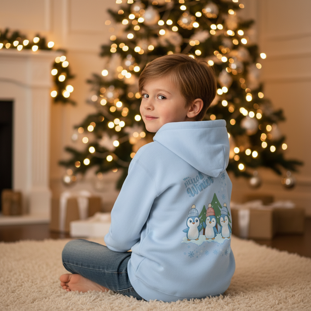 Hello Winter – Kinder Organic Hoodie mit Pinguintrio