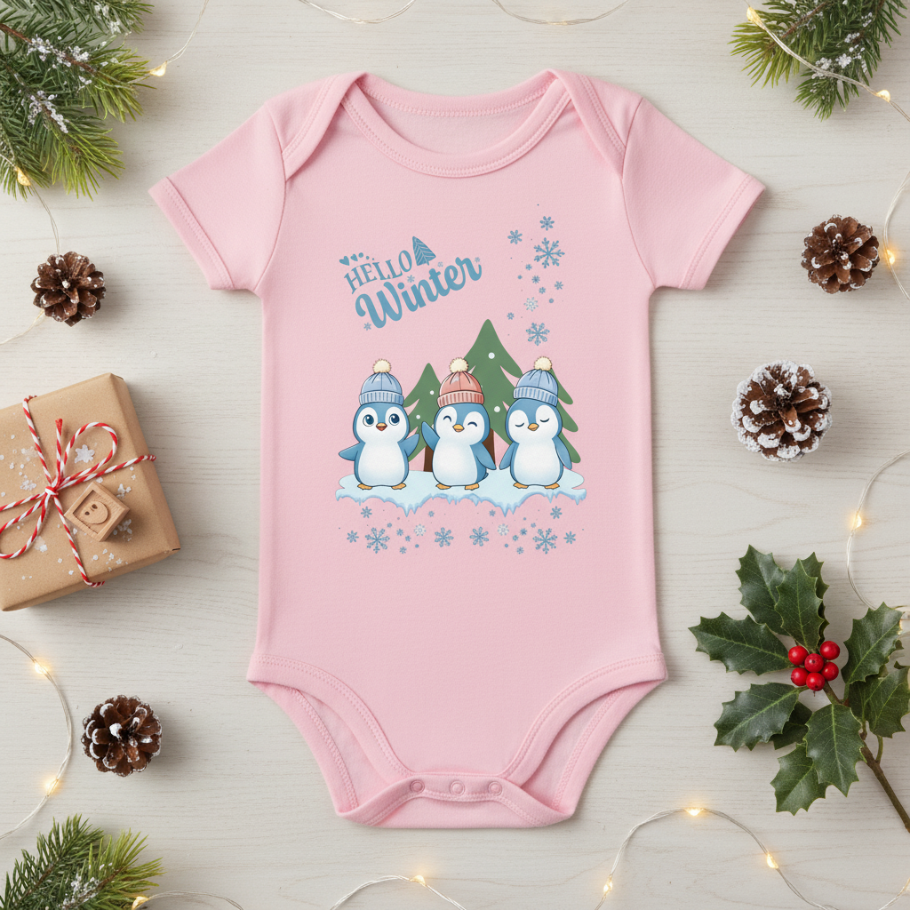 Hello Winter – Organic Baby Bodysuit mit Pinguinen