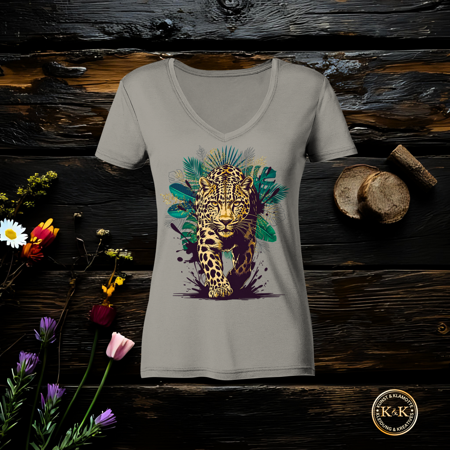 Tropical Leopard Ladies V-Neck Shirt | Streetwear Jungle Animal Print | Urban Boho T-Shirt