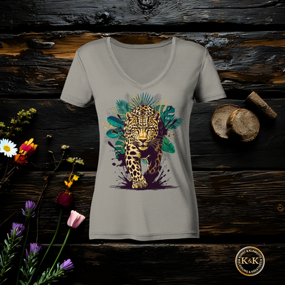 Tropical Leopard Ladies V-Neck Shirt | Streetwear Jungle Animal Print | Urban Boho T-Shirt