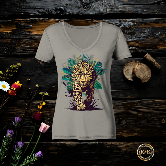 Tropical Leopard Ladies V-Neck Shirt | Streetwear Jungle Animal Print | Urban Boho T-Shirt