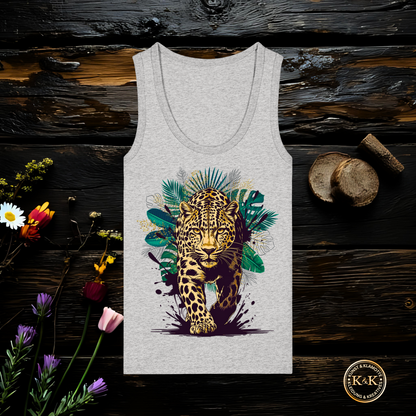 Tropical Leopard Womens Organic Fitted Tank Top | Streetwear Jungle Animal Print | Urban Boho T-Shirt