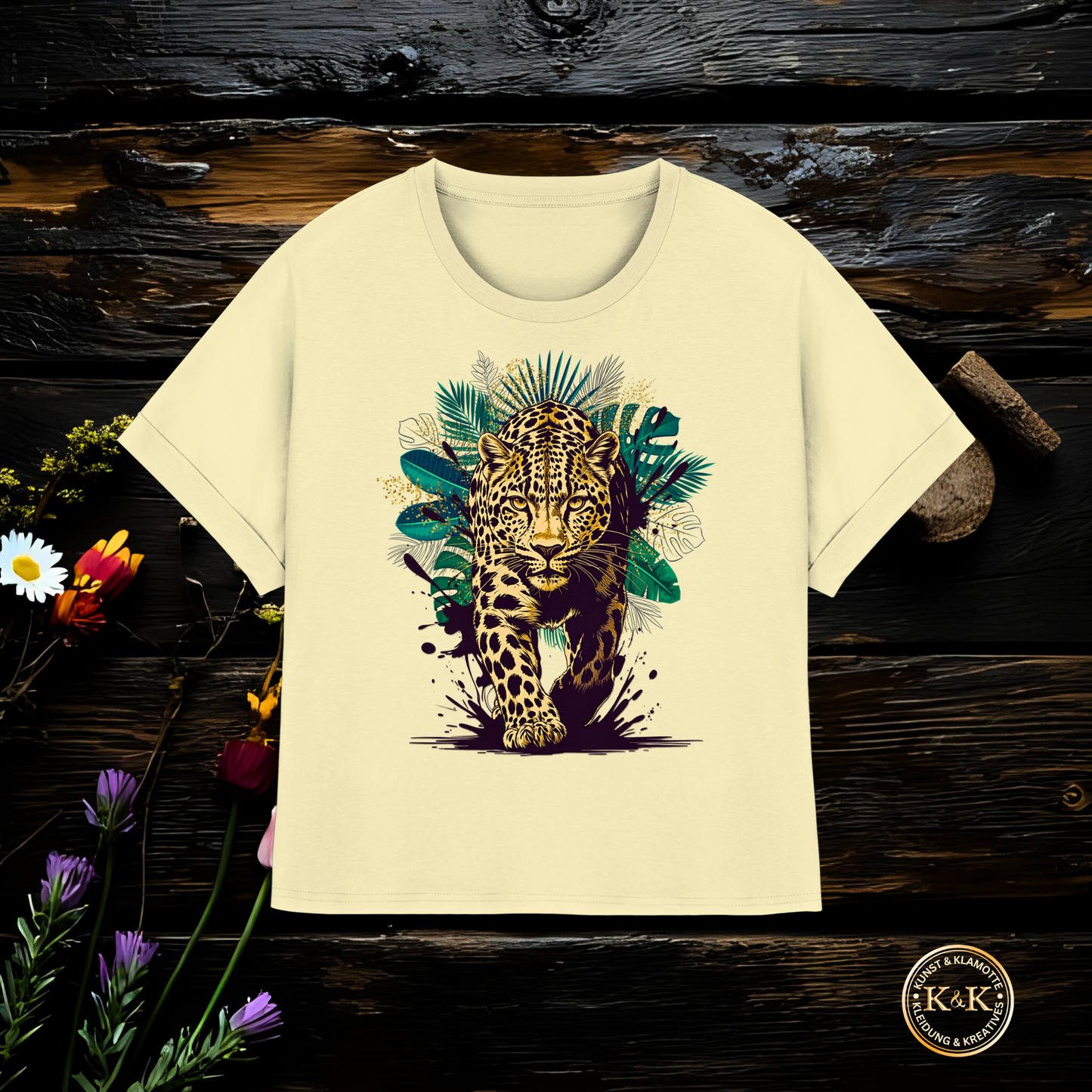 Tropical Leopard Womens Organic Rolled Sleeves T-Shirt I Wild Jungle Leopard Shirt | Urban Wildlife Fashion | Boho Animal