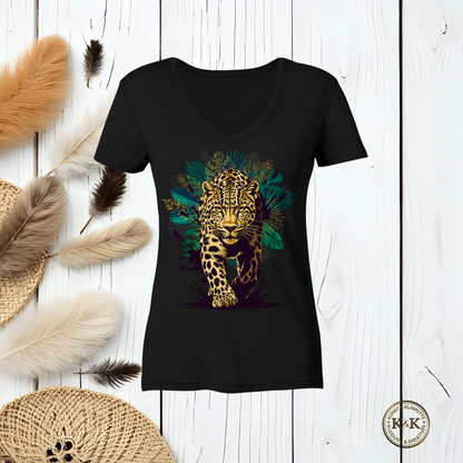 Tropical Leopard Ladies V-Neck Shirt | Streetwear Jungle Animal Print | Urban Boho T-Shirt
