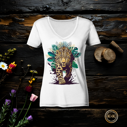 Tropical Leopard Ladies V-Neck Shirt | Streetwear Jungle Animal Print | Urban Boho T-Shirt