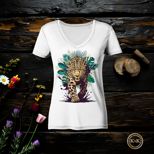 Tropical Leopard Ladies V-Neck Shirt | Streetwear Jungle Animal Print | Urban Boho T-Shirt