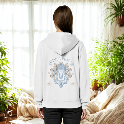 Organic Relaxed Zipper Inner Peace – Damen Kapuzenjacke aus Bio-Baumwolle mit Rückendruck im Boho Yoga Stil