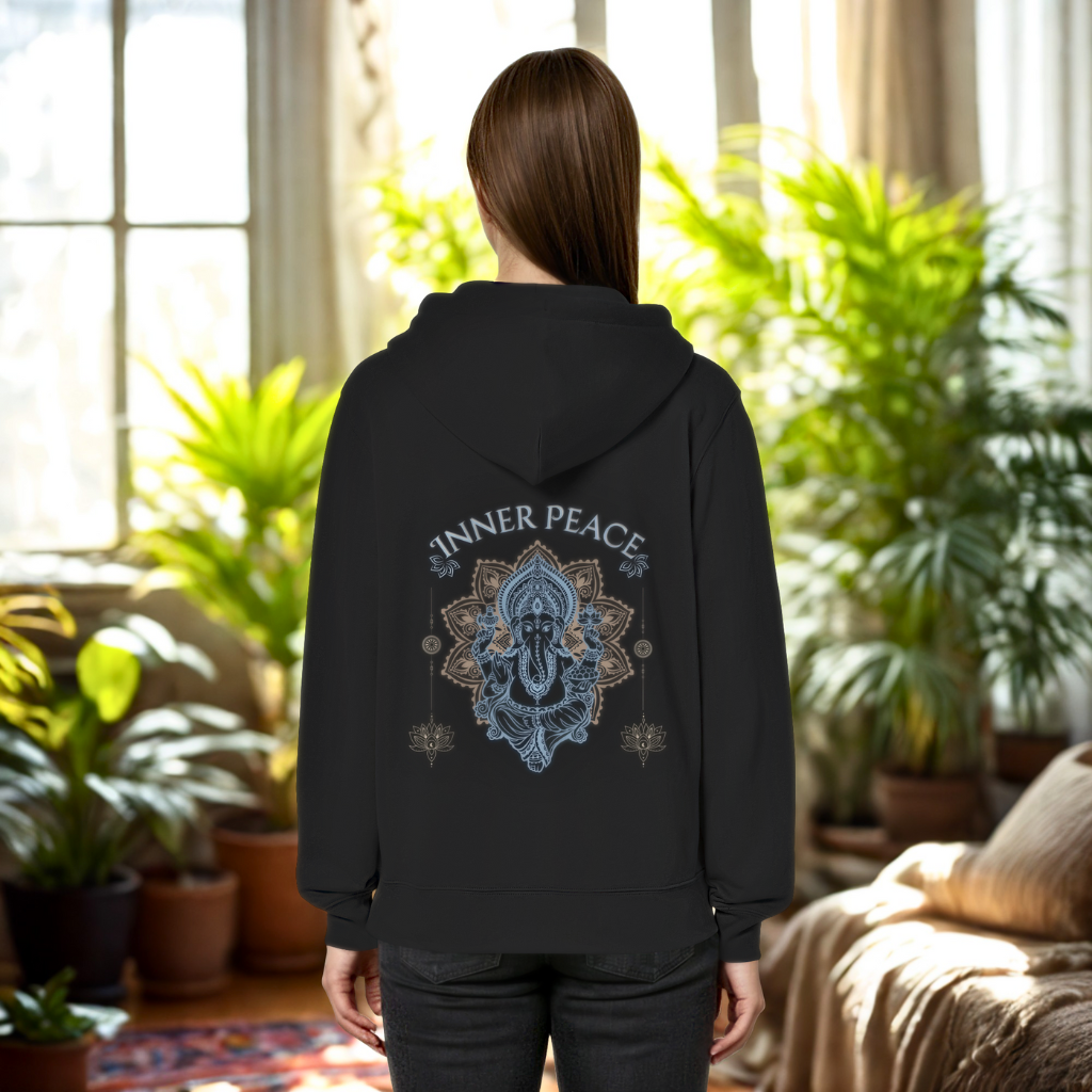 Organic Relaxed Zipper Inner Peace – Damen Kapuzenjacke aus Bio-Baumwolle mit Rückendruck im Boho Yoga Stil