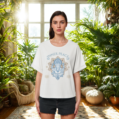 Womens Organic Rolled Sleeves T-Shirt Inner Peace – Damen T-Shirt mit Fledermausärmeln im Boho Yoga Stil