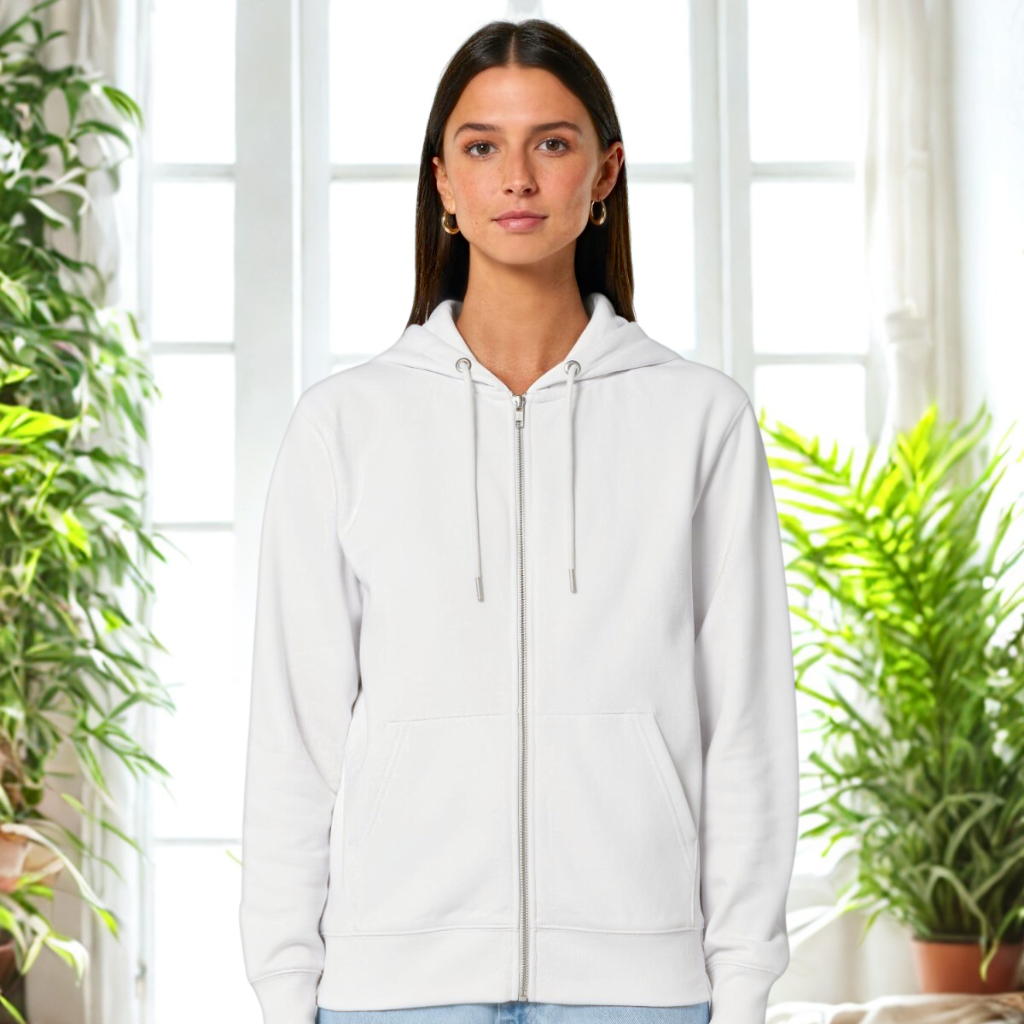 Organic Relaxed Zipper Inner Peace – Damen Kapuzenjacke aus Bio-Baumwolle mit Rückendruck im Boho Yoga Stil