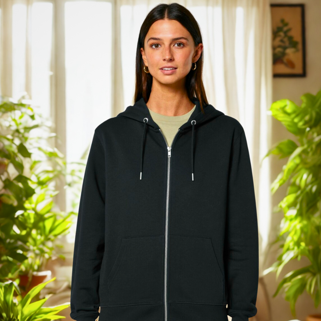 Organic Relaxed Zipper Inner Peace – Damen Kapuzenjacke aus Bio-Baumwolle mit Rückendruck im Boho Yoga Stil