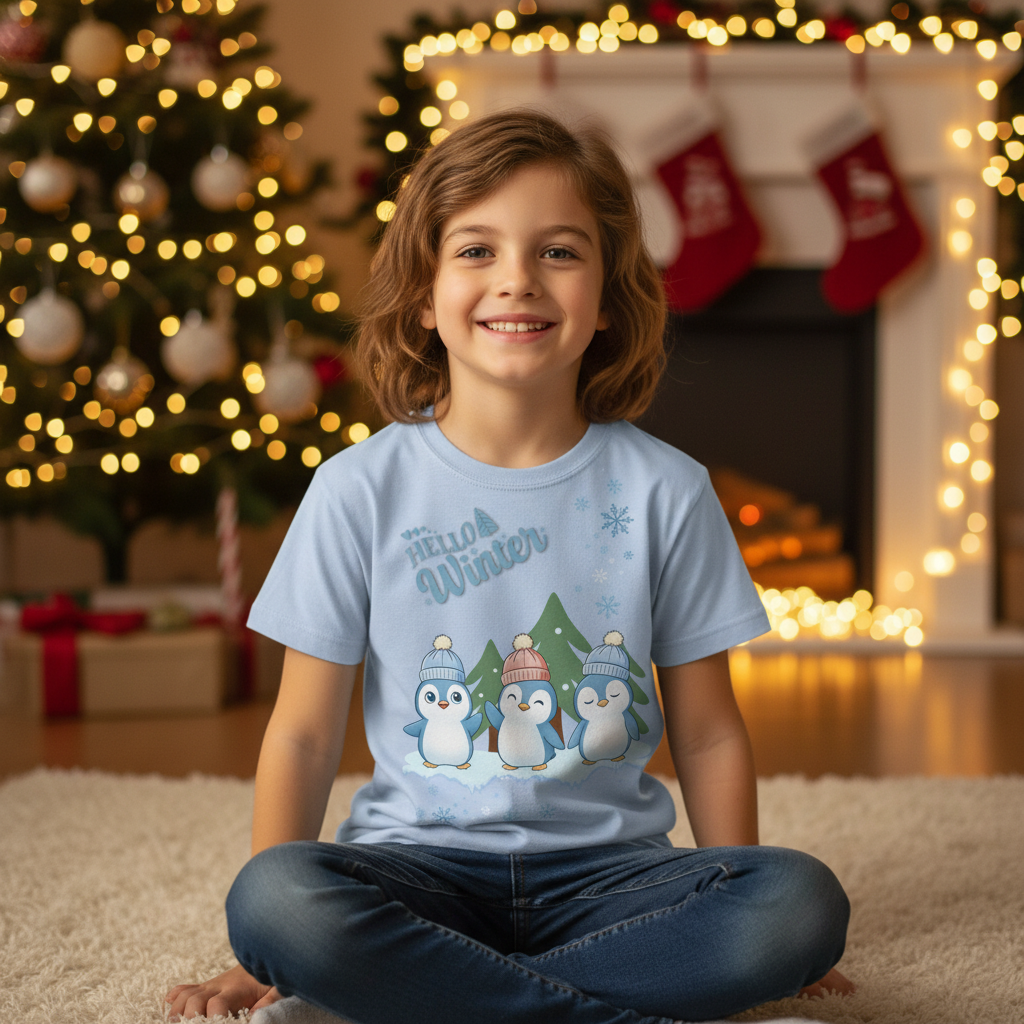 Hello Winter – Kinder Organic Shirt mit Pinguinen