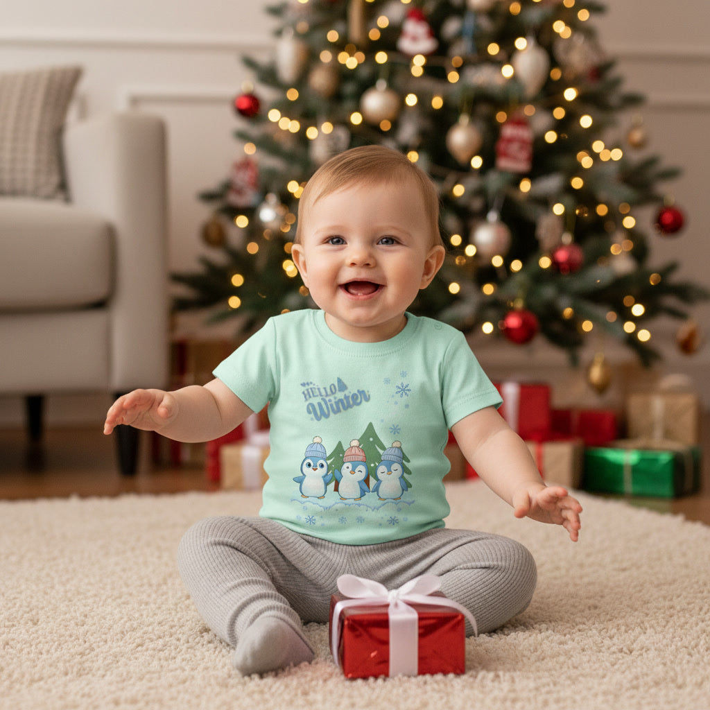 Hello Winter – Baby Organic Shirt mit Pinguintrio