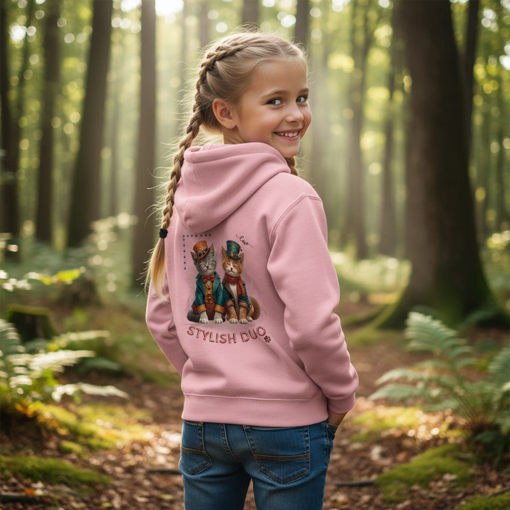 Kids Organic Hoodie Stylish Duo – Kinder Hoodie mit Katzenmotiv und Rückendruck, Herbst Hoodie