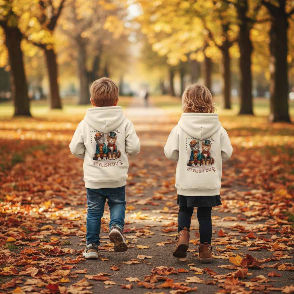 Kids Organic Hoodie Stylish Duo – Kinder Hoodie mit Katzenmotiv und Rückendruck, Herbst Hoodie