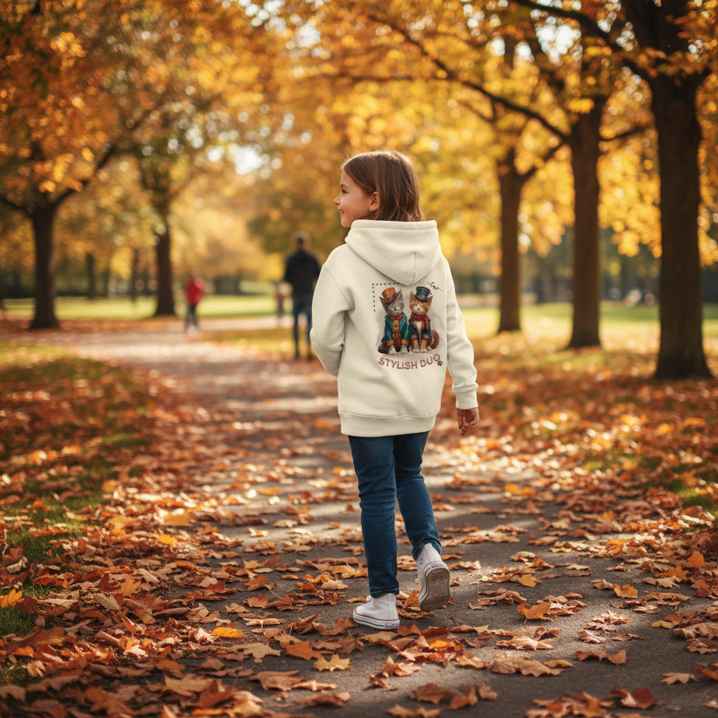 Kids Organic Hoodie Stylish Duo – Kinder Hoodie mit Katzenmotiv und Rückendruck, Herbst Hoodie