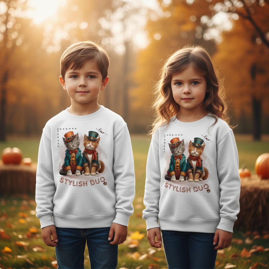 Kids Sweatshirt Stylish Duo – Kinder Pullover mit Katzenmotiv, Herbst Sweater für Jungen und Mädchen