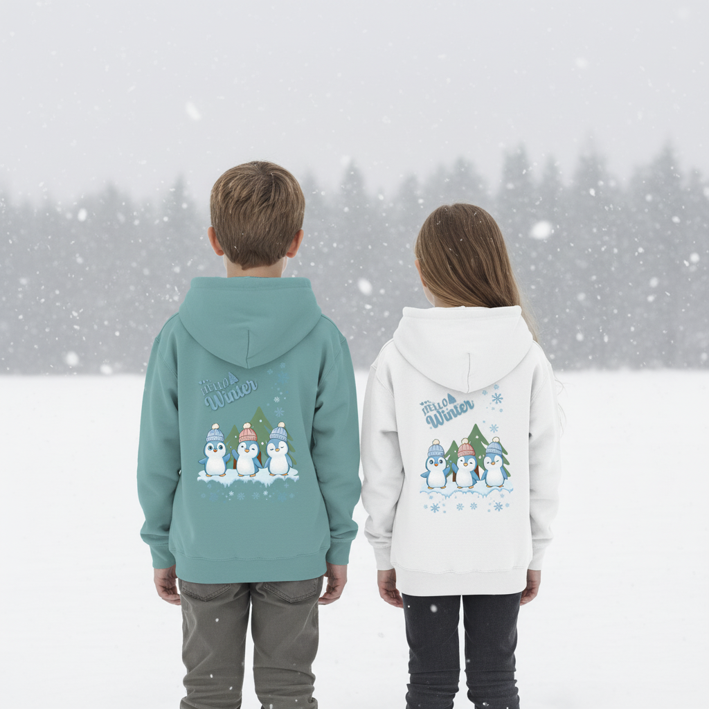 Hello Winter – Kinder Organic Hoodie mit Pinguintrio