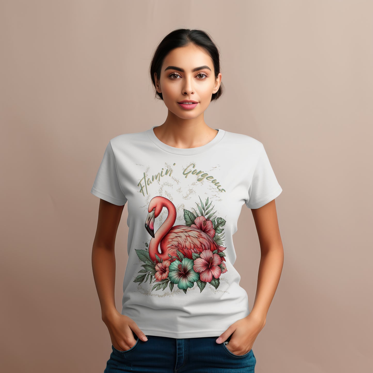 Damen Premium Shirt mit Flamingo und Hibiskus