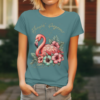 Flamingo und Hibiskus – Fitted Ladies Organic Shirt