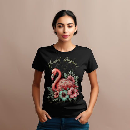 Flamingo und Hibiskus – Fitted Ladies Organic Shirt