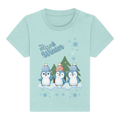 Hello Winter – Baby Organic Shirt mit Pinguintrio