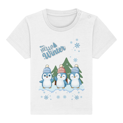 Hello Winter – Baby Organic Shirt mit Pinguintrio