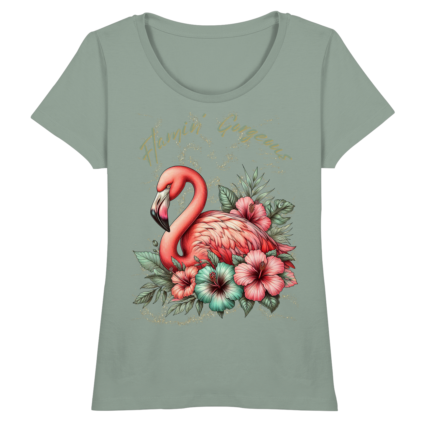 Flamingo und Hibiskus – Fitted Ladies Organic Shirt
