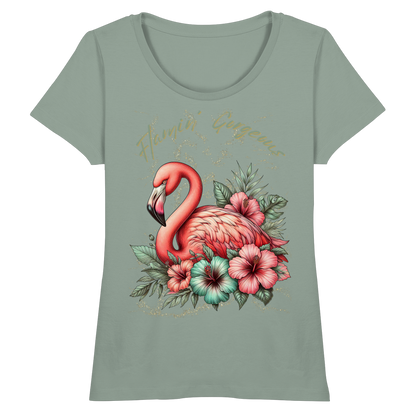 Flamingo und Hibiskus – Fitted Ladies Organic Shirt