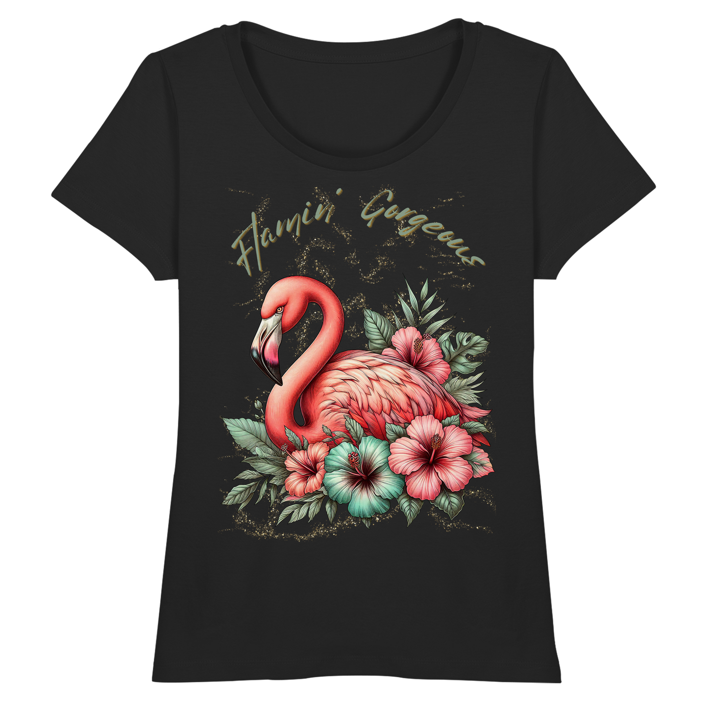 Flamingo und Hibiskus – Fitted Ladies Organic Shirt