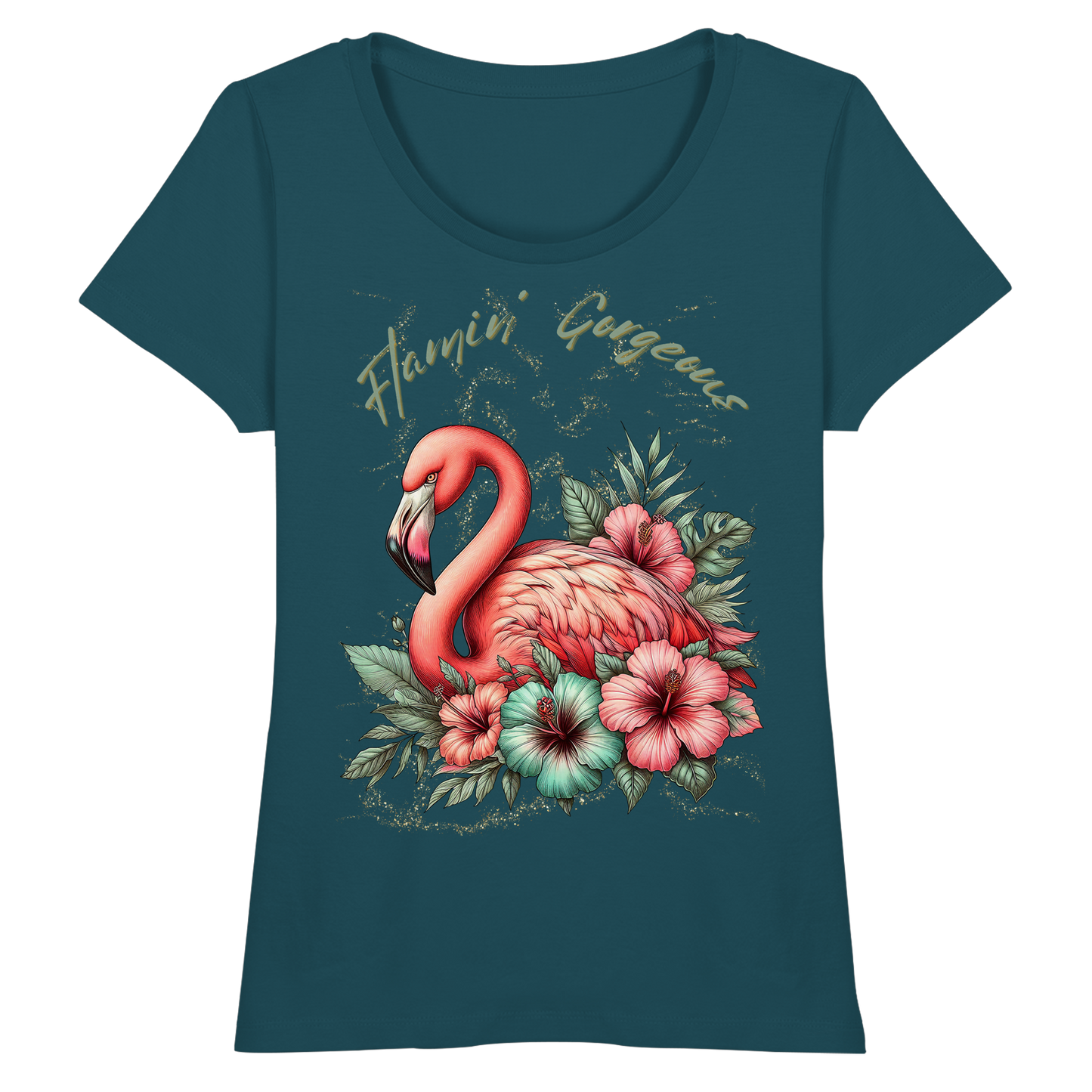 Flamingo und Hibiskus – Fitted Ladies Organic Shirt