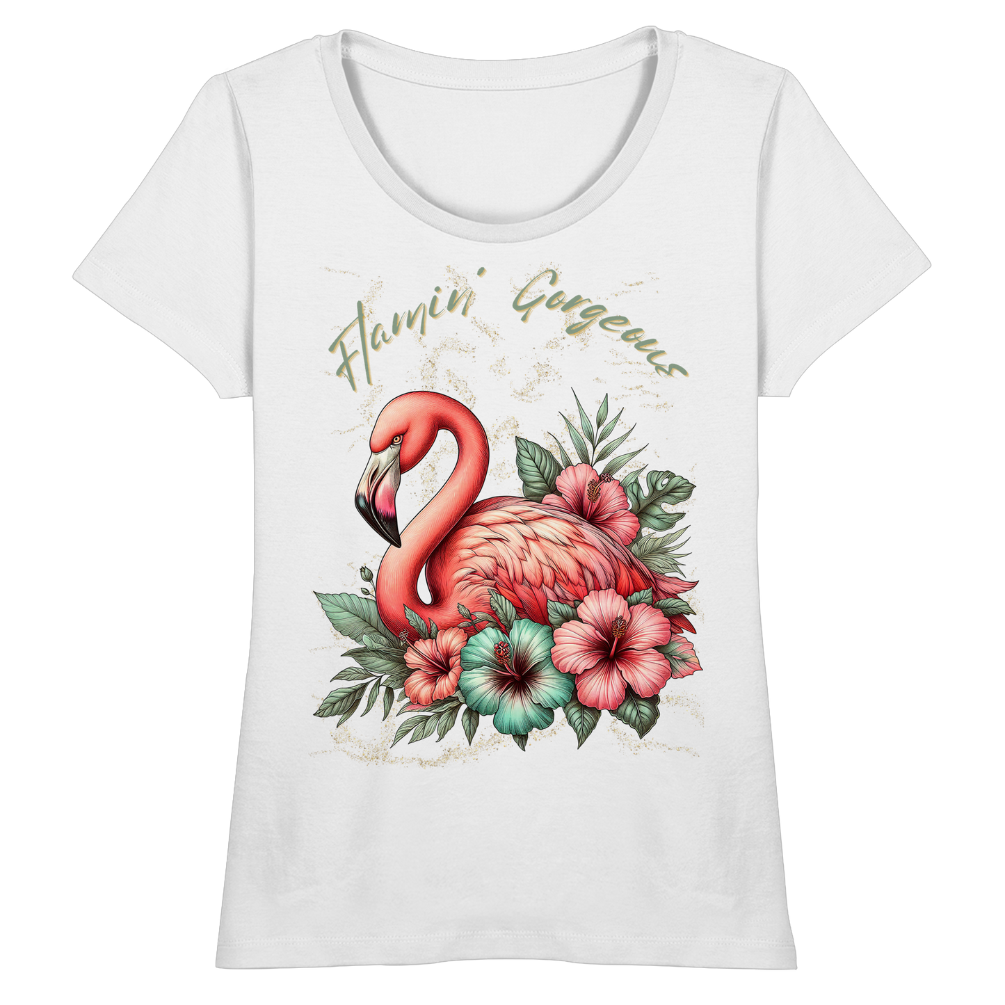 Flamingo und Hibiskus – Fitted Ladies Organic Shirt