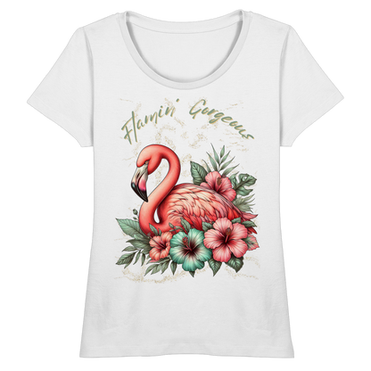 Flamingo und Hibiskus – Fitted Ladies Organic Shirt