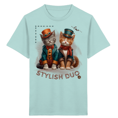 Kids Organic T-Shirt Stylish Duo – Kinder Shirt mit Katzenmotiv, Unisex Bio-Shirt für Schule und Freizeit