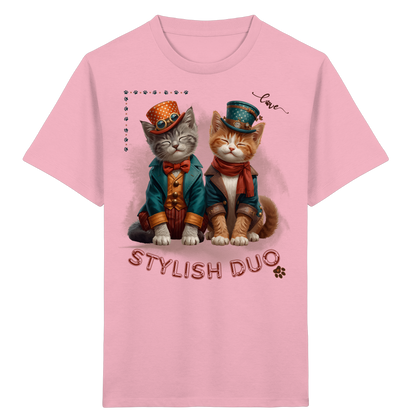 Kids Organic T-Shirt Stylish Duo – Kinder Shirt mit Katzenmotiv, Unisex Bio-Shirt für Schule und Freizeit