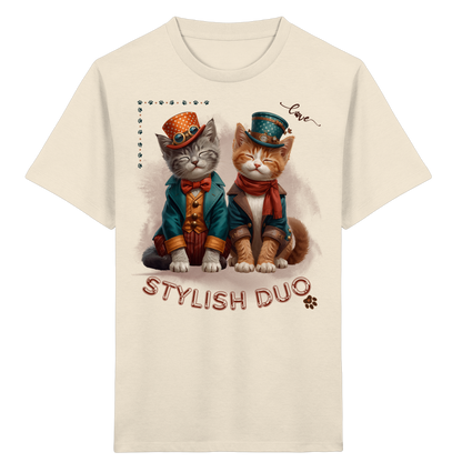 Kids Organic T-Shirt Stylish Duo – Kinder Shirt mit Katzenmotiv, Unisex Bio-Shirt für Schule und Freizeit