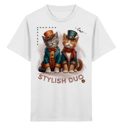Kids Organic T-Shirt Stylish Duo – Kinder Shirt mit Katzenmotiv, Unisex Bio-Shirt für Schule und Freizeit