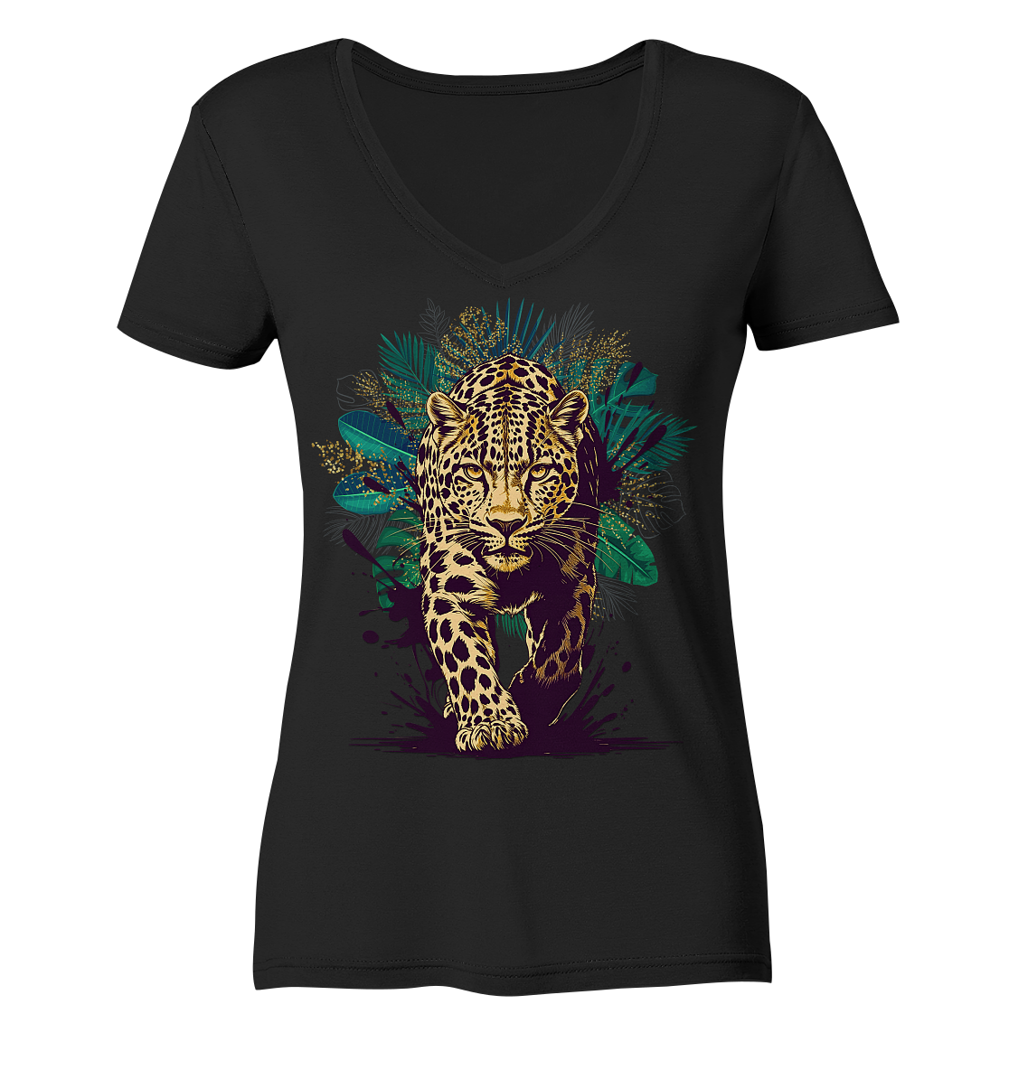 Tropical Leopard Ladies V-Neck Shirt | Streetwear Jungle Animal Print | Urban Boho T-Shirt