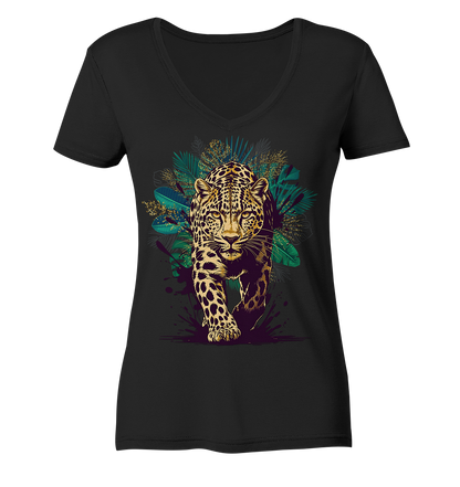Tropical Leopard Ladies V-Neck Shirt | Streetwear Jungle Animal Print | Urban Boho T-Shirt