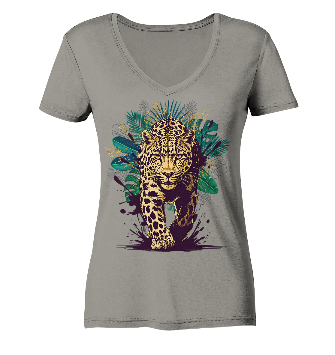 Tropical Leopard Ladies V-Neck Shirt | Streetwear Jungle Animal Print | Urban Boho T-Shirt