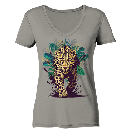 Tropical Leopard Ladies V-Neck Shirt | Streetwear Jungle Animal Print | Urban Boho T-Shirt